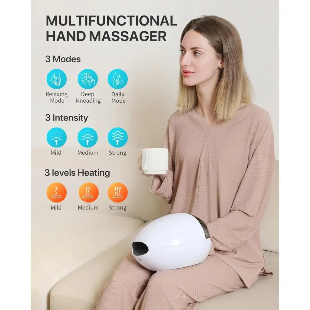 Woman using a multifunctional electric hand massager with three modes and intensity settings for ultimate relaxation.