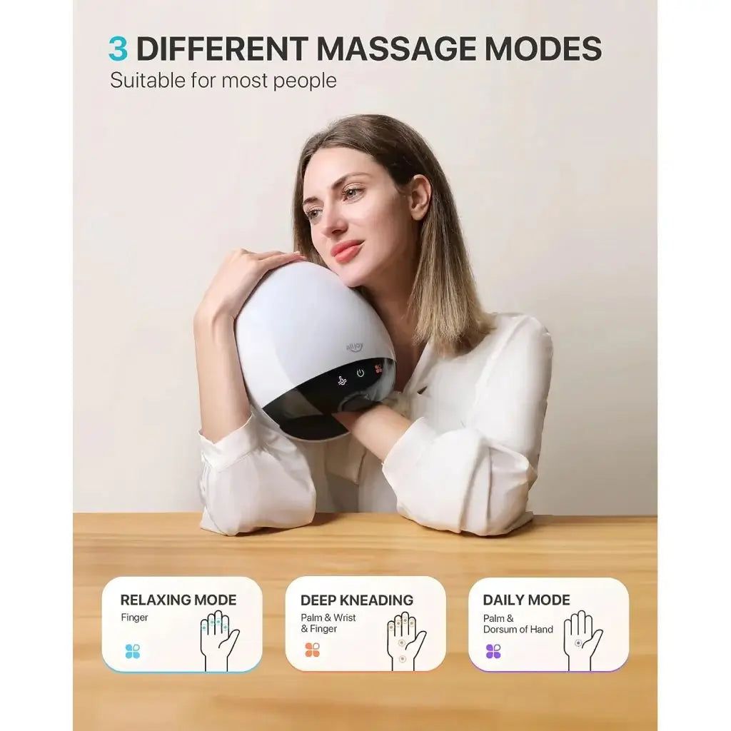 Woman relaxing with an Electric Hand Massager showcasing 3 different massage modes for optimal hand comfort.